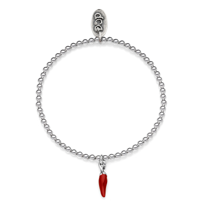 Elastic Boule Bracelet with Charm Mini Chili Pepper Lucky Charm in Sterling Silver and Red Enamel