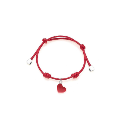 Cotton Cord Bracelet with Heart Charm in Sterling Silver and Enamel