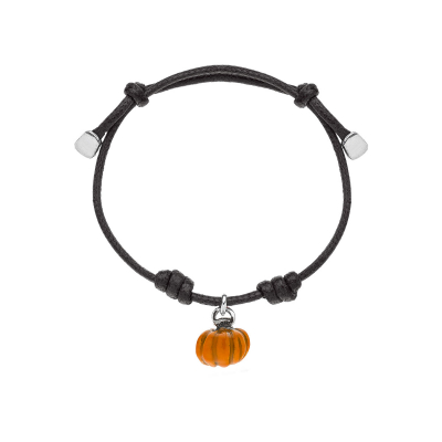 Cotton Cord Bracelet with Pumpkin Charm in Sterling Silver and Enamel 