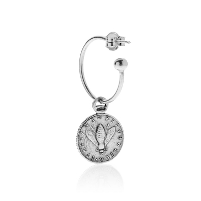 Single Medium Hoop Earring with 2 Lire Bee Coin Charm in Sterling Silver