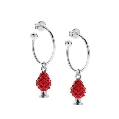 Medium Hoop Earrings with Pinecone Charm in Sterling Silver and Red Enamel 