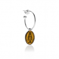 Medium Hoop Single Earring with Miraculous Madonna Charm in Sterling Silver and Yellow Enamel