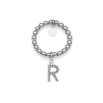 Elastic Boule Ring with Sparkling Letter R Charm in Sterling Silver