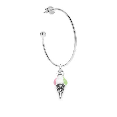 Large Hoop Single Earring with Ice Cream Cone Charm in Sterling Silver and Enamel