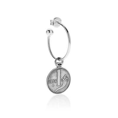 Single Medium Hoop Earring with Charm 1 Lira Cornucopia Coin Charm in Sterling Silver