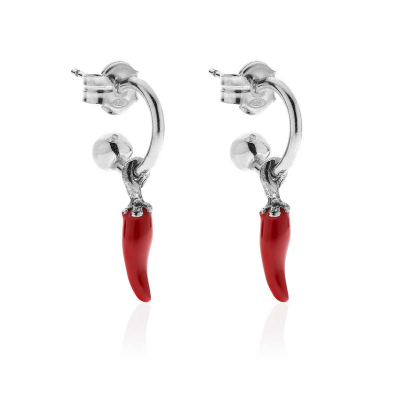 Small Hoop Earrings with Mini Chili Pepper Lucky Charm in Sterling Silver and Red Enamel